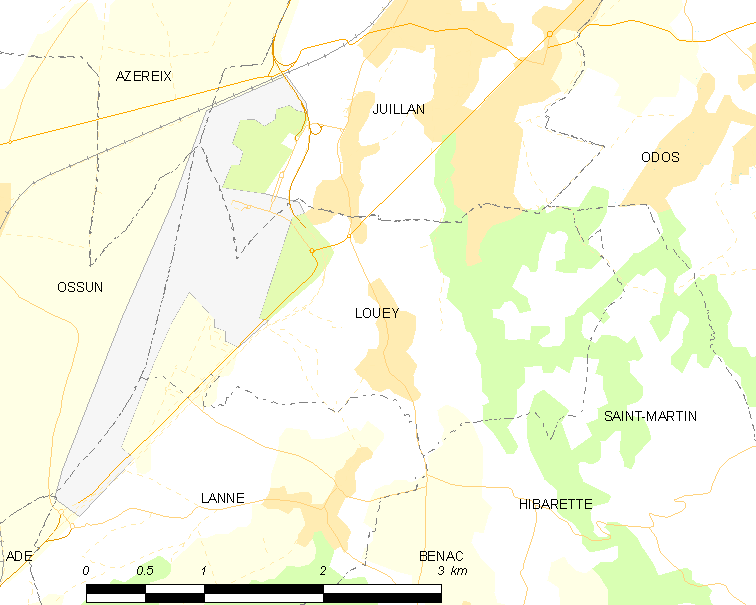 Carte de la commune de Louey et des proches communes.